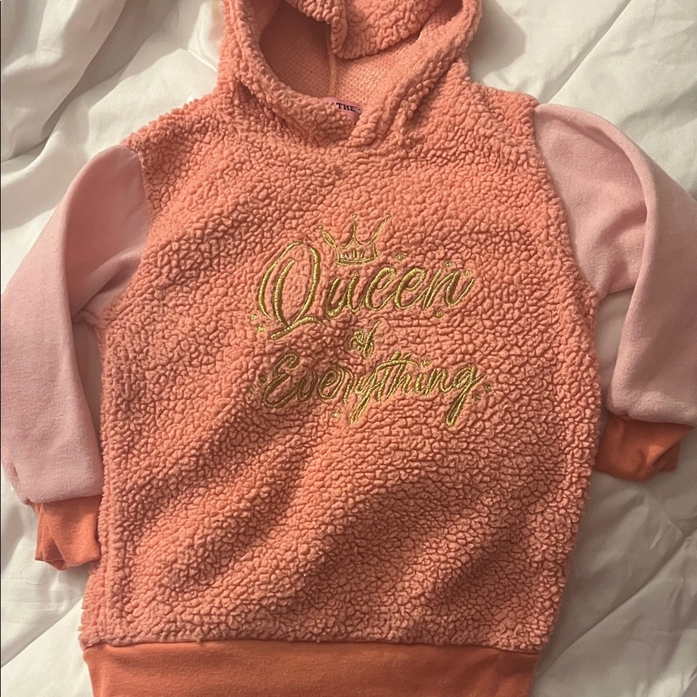 Toddler size 2T Coral,light pink with gold writing cozy Hoodie Sweater
